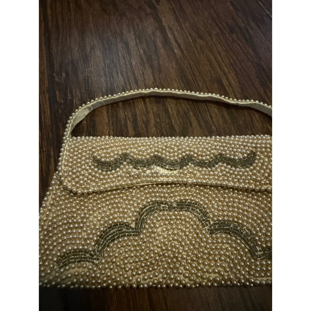 Vintage Japan Beaded Faux Pearl Clutch Evening Bag Ivory Wavy Bugle Beads Ivory